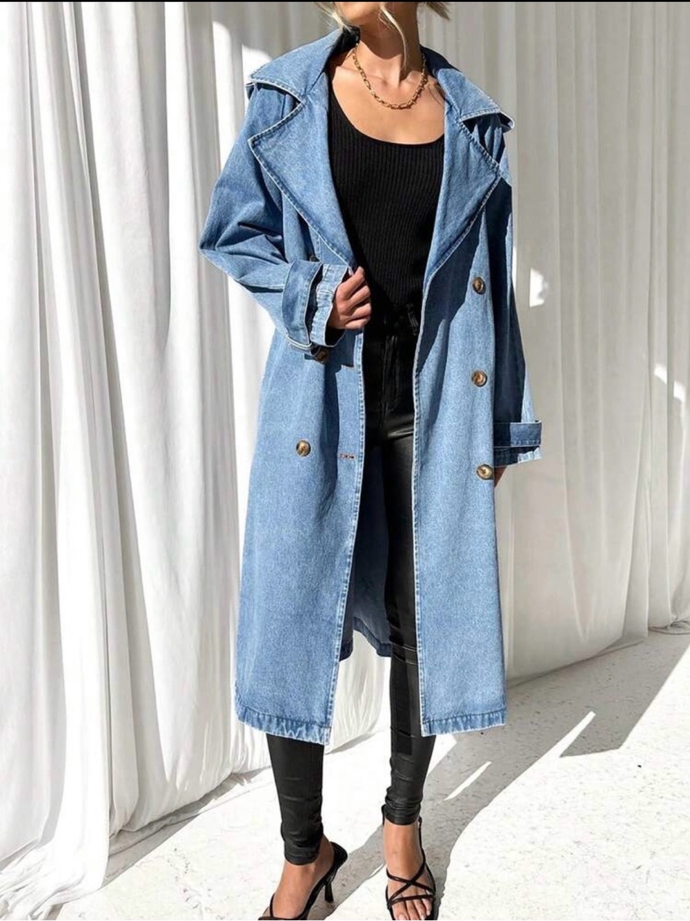 Light Wash Denim Trench Coat - Blue